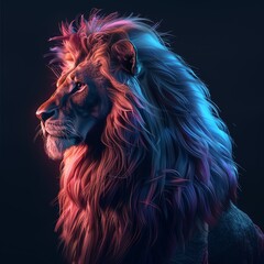 Majestic lion with vibrant mane illuminated in colorful lights, exuding strength and pride in a striking portrait.