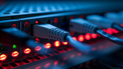 Network cable connected to router port with blinking light Telecommunications: Internet connector RJ45 in switch technology data center concept Select focus and soft focus