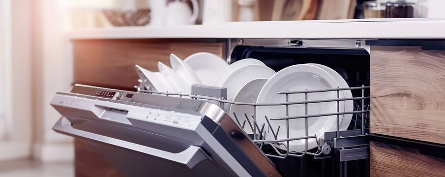  Open dishwasher with clean plates and cutlery neatly arranged inside. The kitchen setting is bright and modern, with light wooden cabinets and a countertop visible in the background.