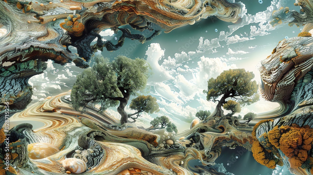Poster surreal abstract landscape with trees and swirling clouds.