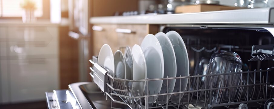  Open dishwasher with clean plates and cutlery neatly arranged inside. The kitchen setting is bright and modern, with light wooden cabinets and a countertop visible in the background.