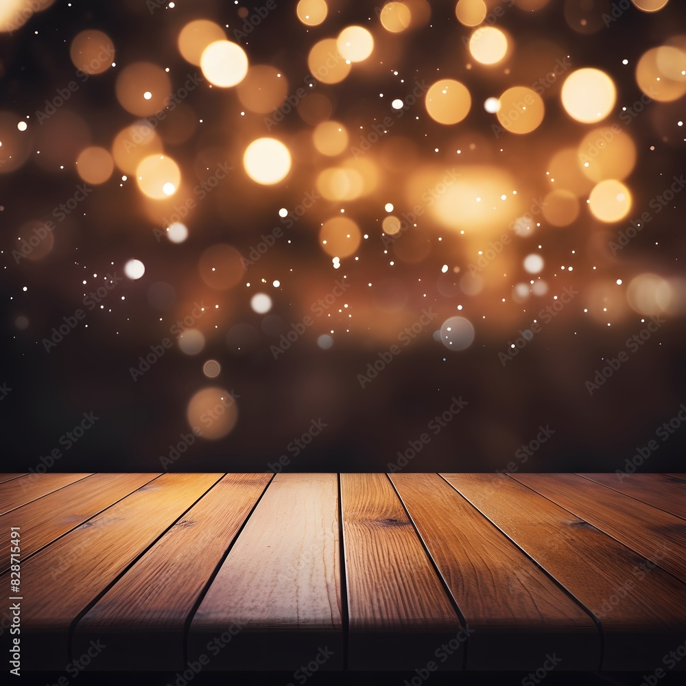 Poster empty wooden table top with blurred bokeh lights background for mockup template. generative ai.