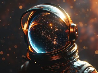 A futuristic astronaut helmet reflecting the universe, symbolizing the infinite possibilities of...