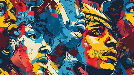 Abstract art with geometric shapes and silhouettes of people in a city scene.