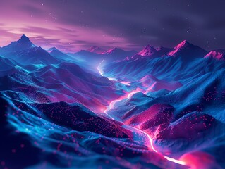 Dreamy neon landscape featuring glowing mountains and a winding river under a starry sky, evoking a sense of fantasy and serenity.