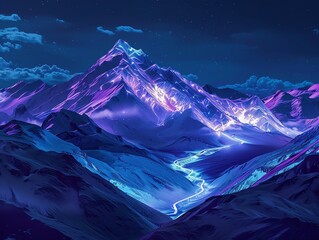 Obraz premium Majestic mountain landscape illuminated by neon lights under a starry night sky, showcasing a futuristic and surreal beauty.