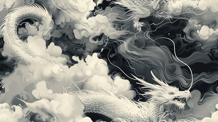 Two white dragons intertwine in a cloud of smoke against a black background.