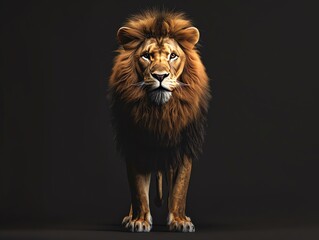 Majestic lion standing against a dark background, showcasing its powerful presence and regal mane in a striking display of wildlife beauty.