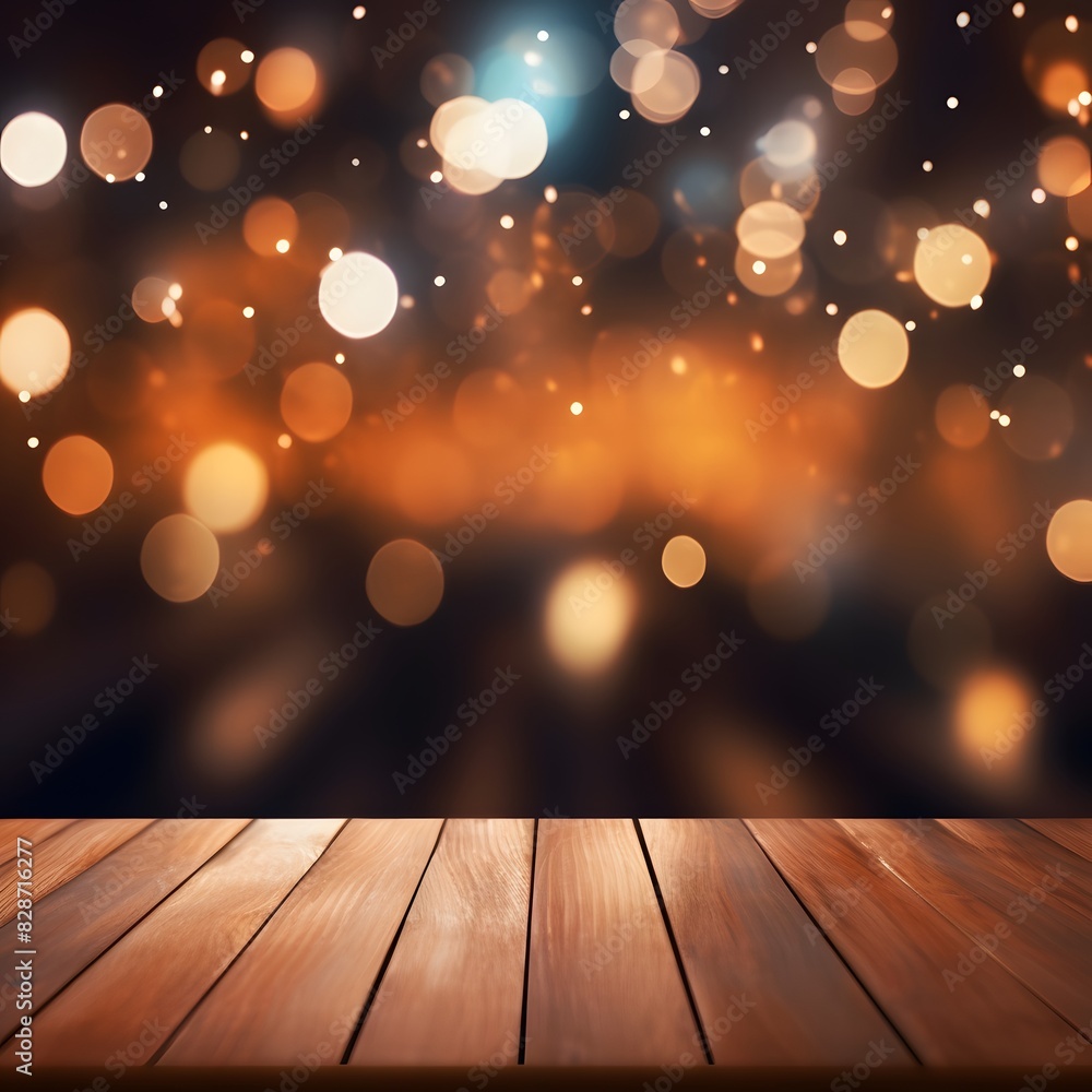 Poster empty wooden table top with blurred bokeh lights background for mockup template. generative ai.