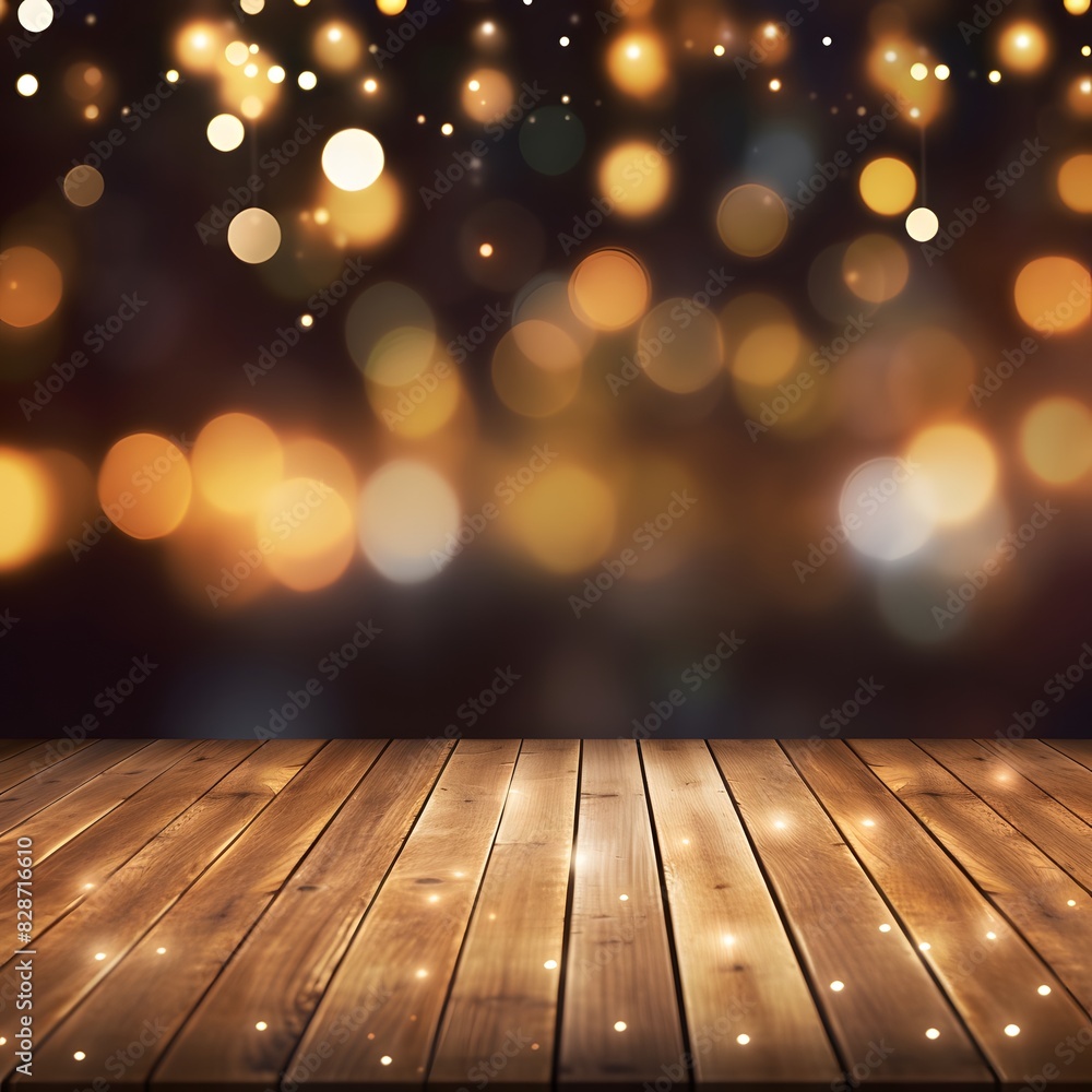 Poster empty wooden table top with blurred bokeh lights background for mockup template. generative ai.