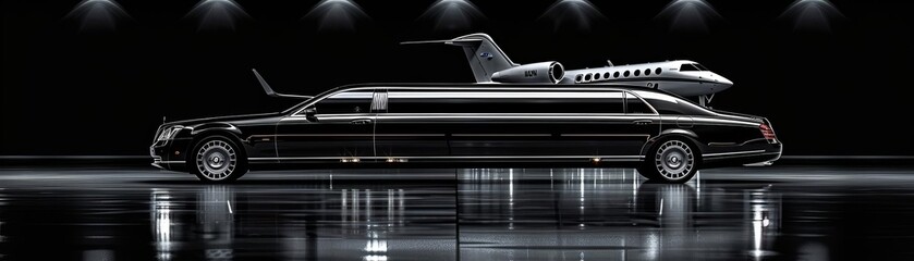 Obraz premium A sleek black limousine is parked next to a private jet.