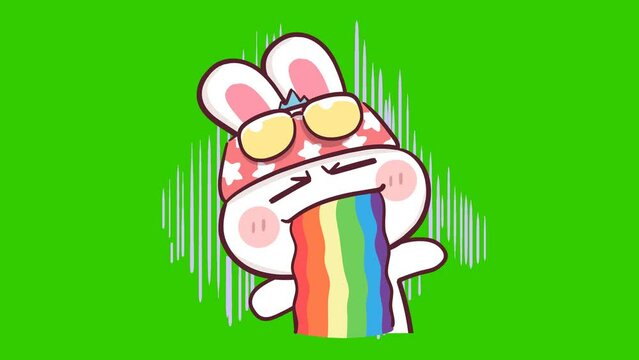 Animated Rabbit Vomiting Rainbow - Green Screen