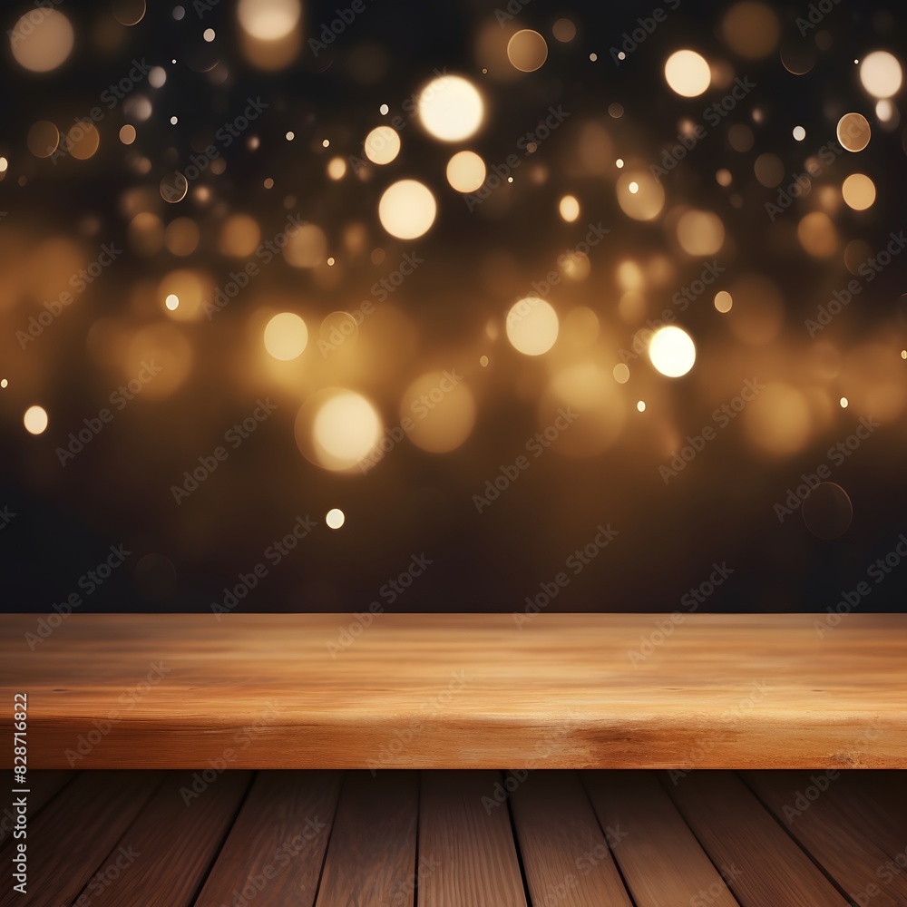 Poster empty wooden table top with blurred bokeh lights background for mockup template. generative ai.
