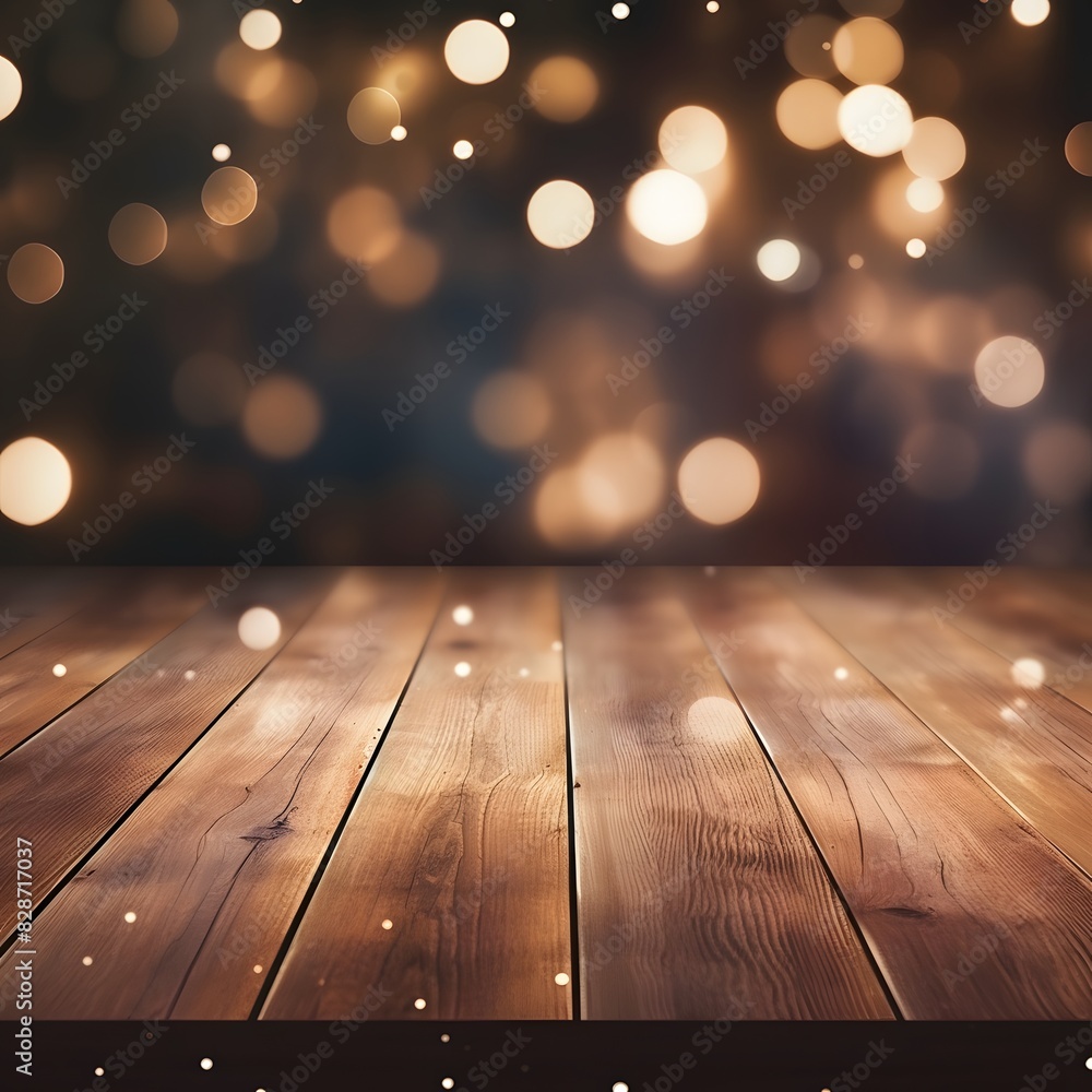 Poster empty wooden table top with blurred bokeh lights background for mockup template. generative ai.