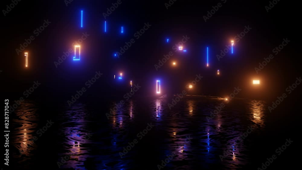 Poster neon design blue purple pattern form wall 4k video with various neon elements and a reflecting floor