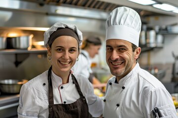Two Caucasian professionals, a chef and a waitress, share smiles as they work in harmony within the bustling kitchen of a restaurant.