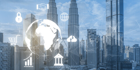 A city skyline overlaid with digital icons representing global business and technology on a light blue background, concept of modern economy