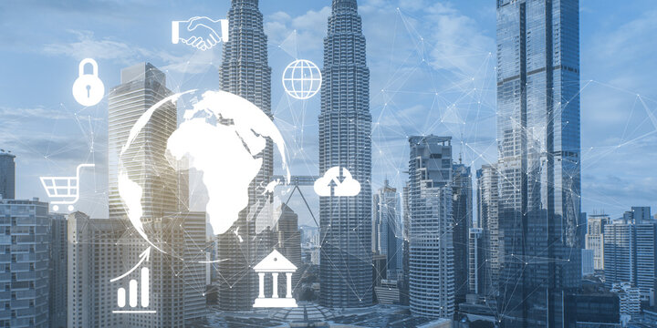 A city skyline overlaid with digital icons representing global business and technology on a light blue background, concept of modern economy