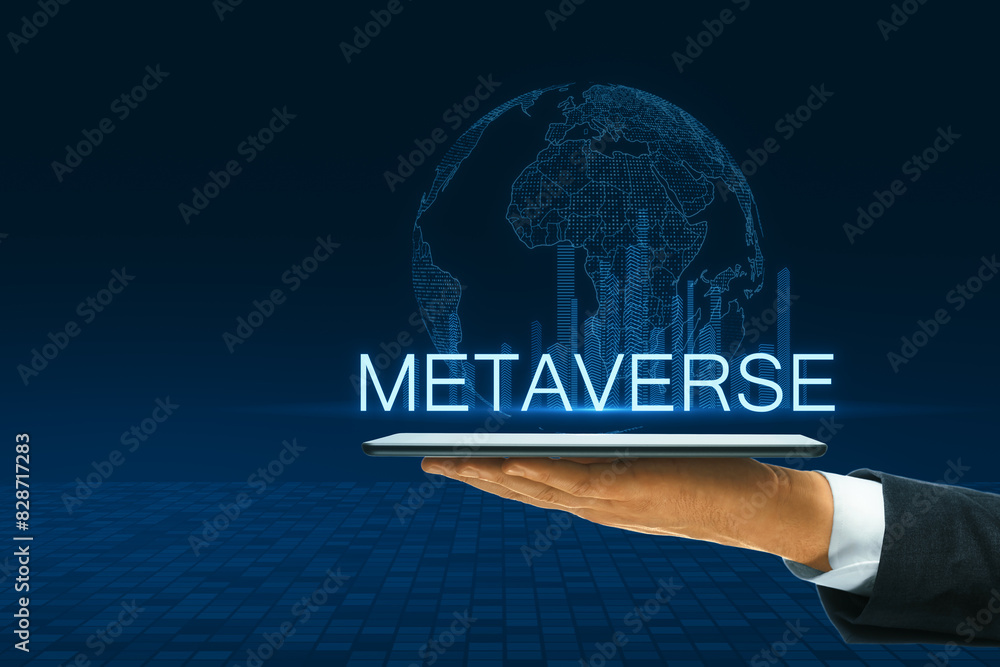 Aufkleber a hand holding a tablet projecting a holographic globe with the word metaverse set against a dark bl