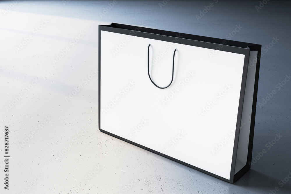 Poster a paper shopping bag with copyspace for a logo or branding, standing on a clean textured floor, with