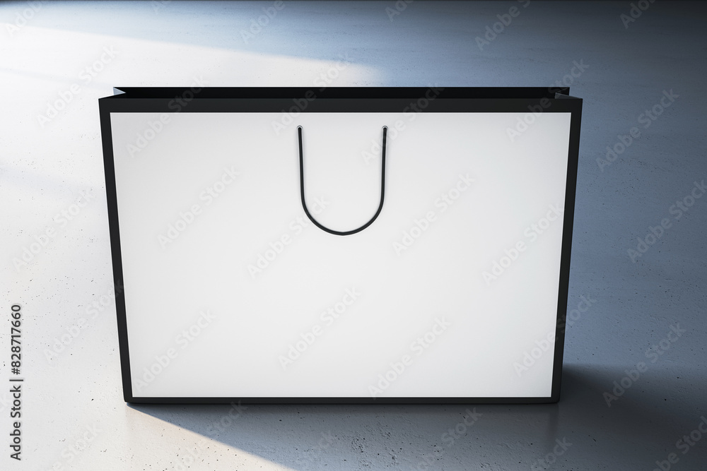 Poster a blank white shopping bag with black handles stands against a textured background, suggesting a con