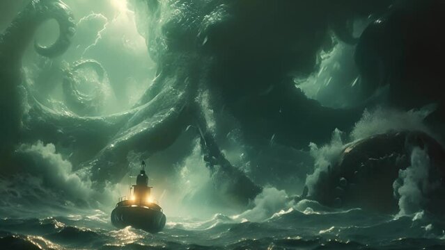 A lone submarine lights piercing the gloom encounters the massive form of a giant squid beneath storm-tossed waves