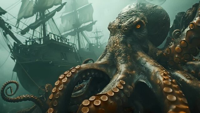 A lone submarine lights piercing the gloom encounters the massive form of a giant squid beneath storm-tossed waves