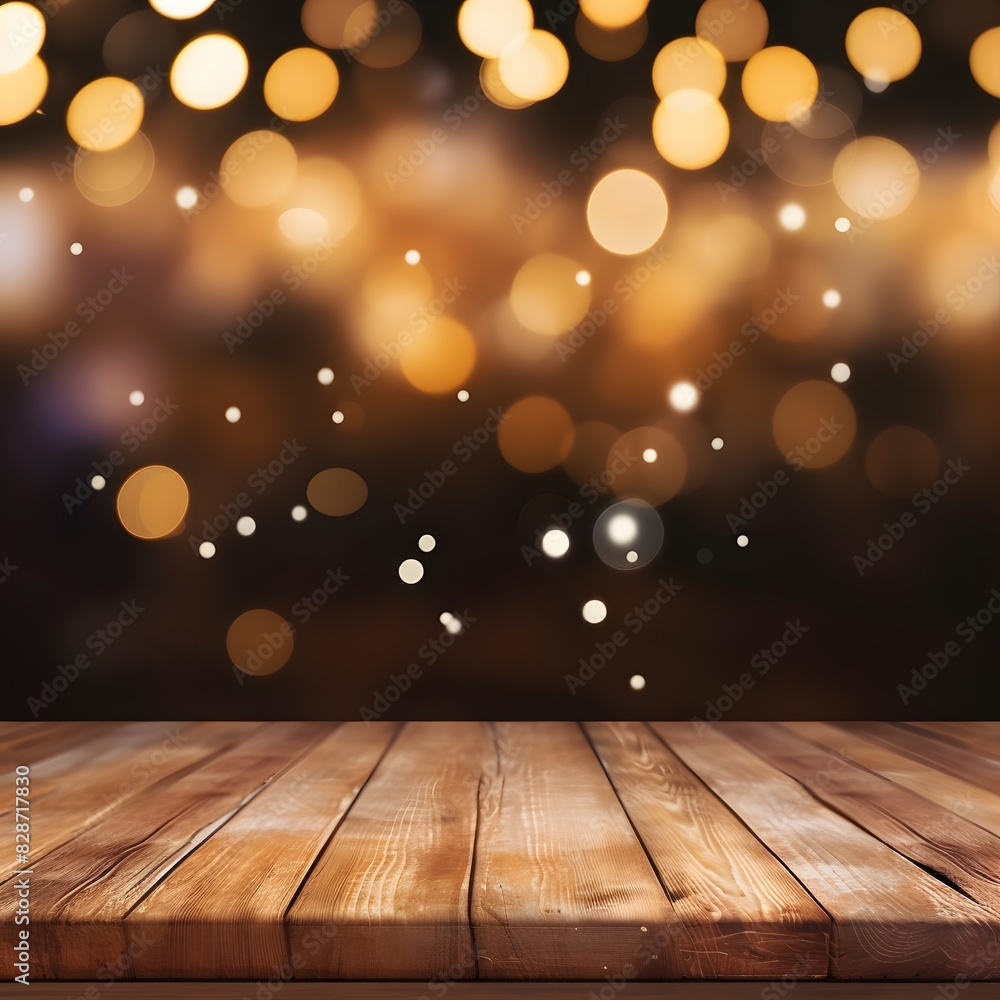 Poster empty wooden table top with blurred bokeh lights background for mockup template. generative ai.