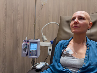 Patient undergoing cancer medical treatment calmly in hospital