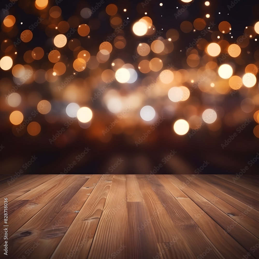 Poster empty wooden table top with blurred bokeh lights background for mockup template. generative ai.