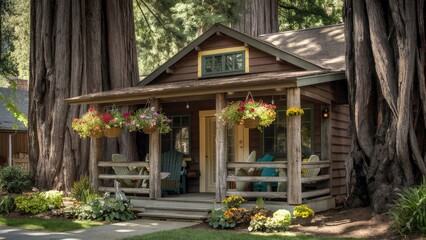 Rustic wooden cabin with flowers in forest setting