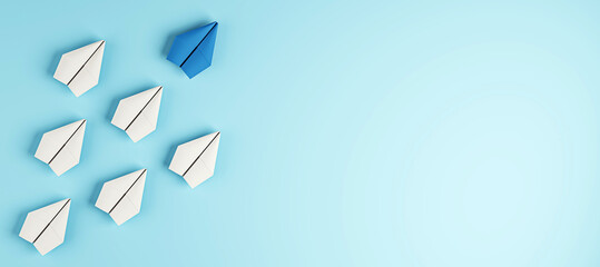 Paper airplanes on a blue background, one unique colored plane leading others, symbolizing leadership or uniqueness. 3D Rendering