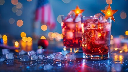 Red, white, and blue cocktail with star-shaped ice cubes, American flag waving, festive blue background