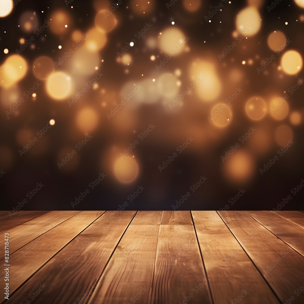 Poster empty wooden table top with blurred bokeh lights background for mockup template. generative ai.