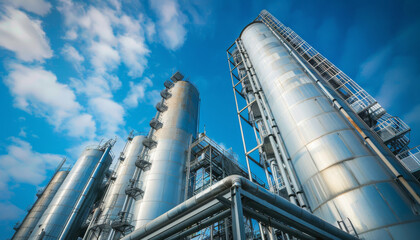 A low-angle view of towering modern industrial silos at a large industrial plant, set against a vibrant blue sky 