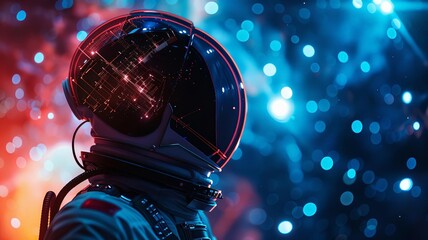 Fototapeta premium Astronaut in a dark suit exploring a vibrant, futuristic space environment with shimmering lights in red and blue. Captivating and imaginative.