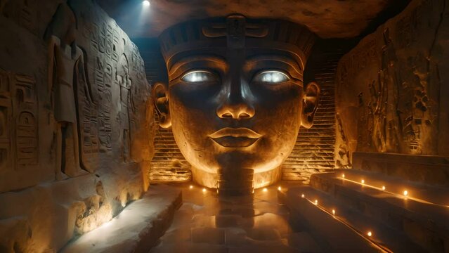 A mysterious scene inside a pyramids hidden chamber where artifacts glow with an unearthly light under the watchful eyes of an Amon Ra statue