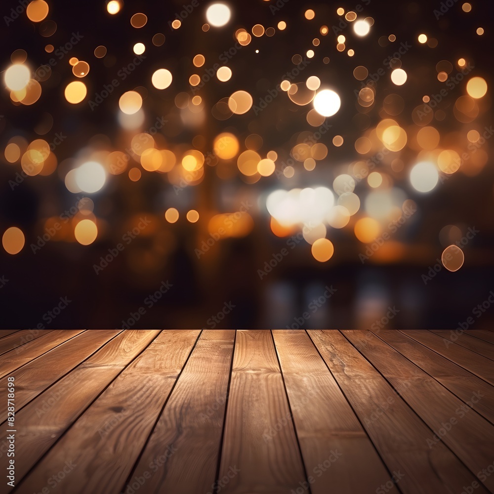 Poster empty wooden table top with blurred bokeh lights background for mockup template. generative ai.
