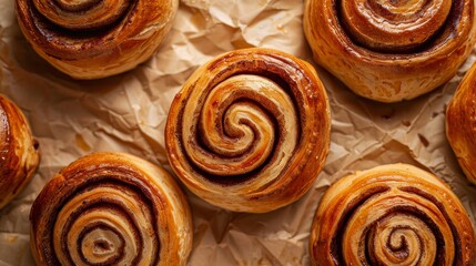 Fototapeta premium Overhead shot of cinnamon rolls on parchment paper, isolated background, capturing golden crust, studio lighting