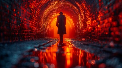 A silhouette of a man in a coat walking down a tunnel illuminated by a striking red light - Powered by Adobe