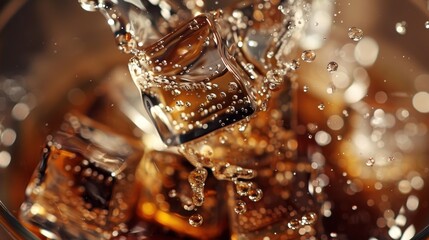 Melting espresso ice cubes blending with black coffee, a hint of liqueur and vodka, artistic and inviting composition