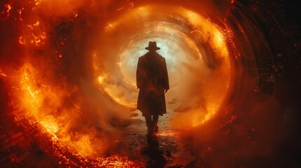 A silhouette of a person in a coat and hat walks through a tunnel filled with dramatic orange...
