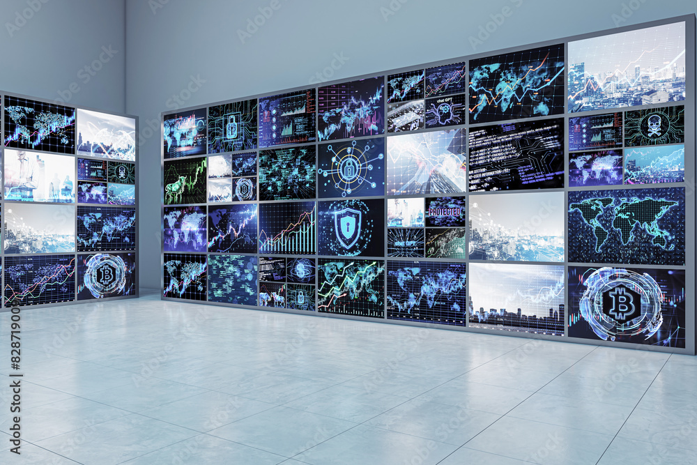 Poster A room with a wall of monitors displaying various data, charts, and cyber content on a light floor, representing technology. 3D Rendering