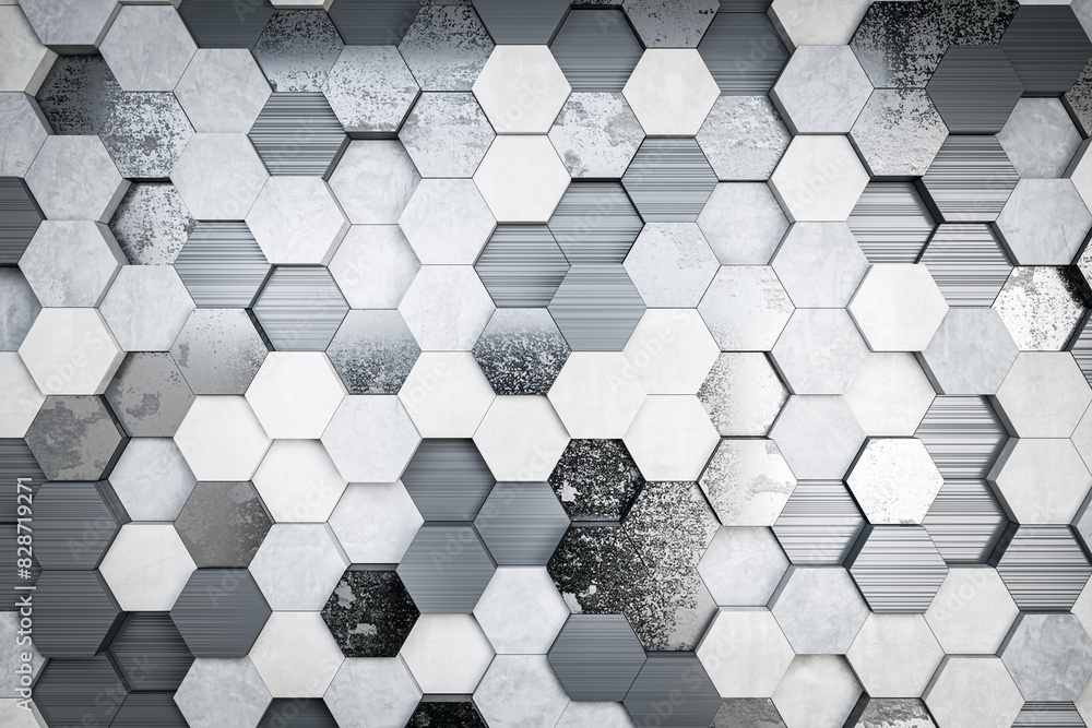 Aufkleber A hexagonal patterned wall with varying shades of gray, showcasing a textured modern backdrop with a geometric design concept. 3D Rendering