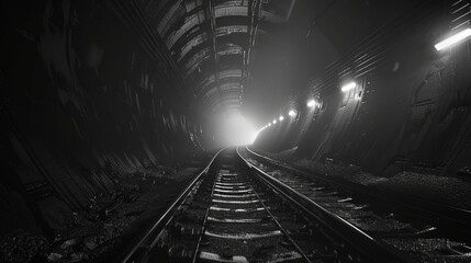 Inside a pitch-black tunnel, train tracks weaving through the darkness, hint of light flickering at the tunnel's end