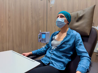 Woman wear mask seat with IV therapy in progress at hospital