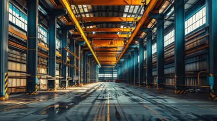 Fototapeta premium Industrial warehouse scene with a towering arrangement of steel beams, highlighting structural strength and harmony