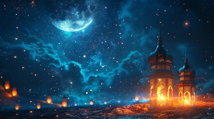 Naklejka premium islamic festivals, moon and stars drawing with luminous lanterns, ideal for creating a poster design to convey ramadan kareem greetings