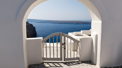 Fototapeta premium view of arched gate with a view to the sea beach living santorini island style, Generative AI
