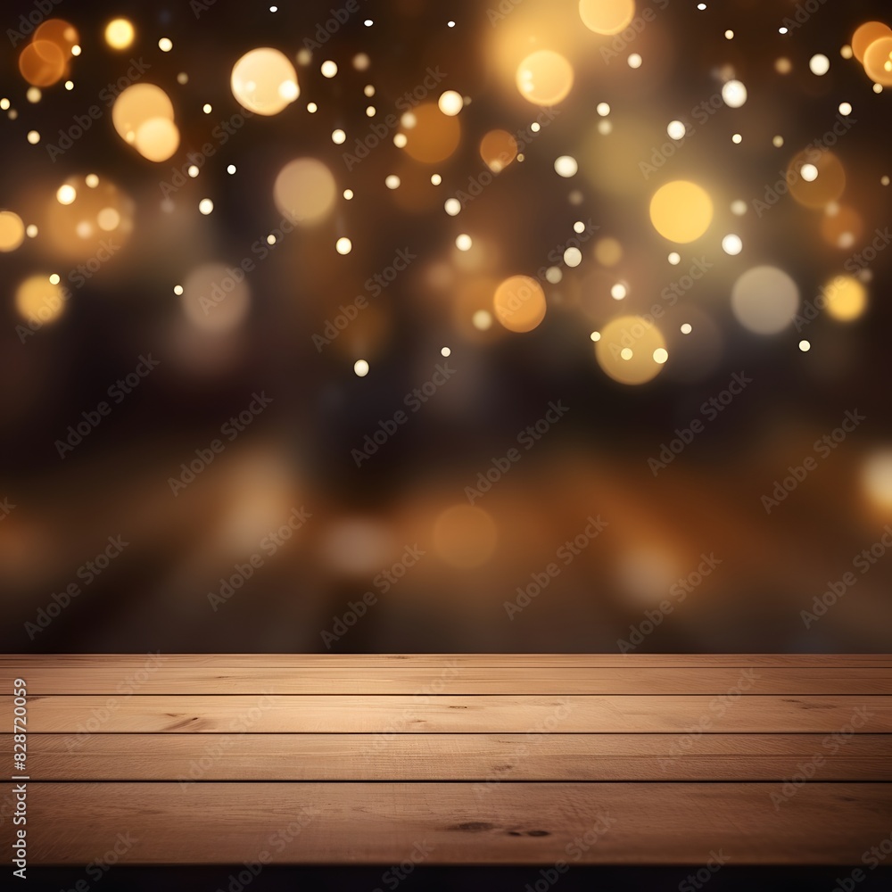 Poster empty wooden table top with blurred bokeh lights background for mockup template. generative ai.